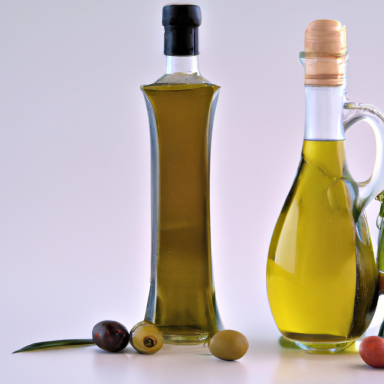 Two bottles of olive oil with olives on a neutral background.